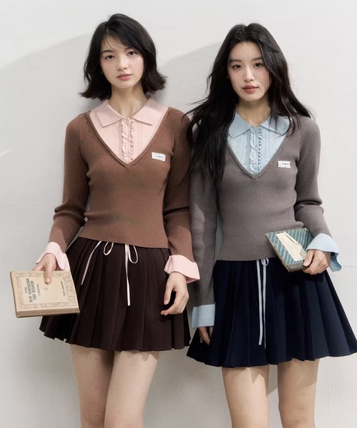 Fano Studios（ファノ ストゥディオズ）の「フェイクツーピース レイヤード風 ポロニットトップス SP25f017【SunsetPark】【2025AW】（ニット/セーター・レディース・ブラウン/グレー・S/M/L）」の13枚目の写真