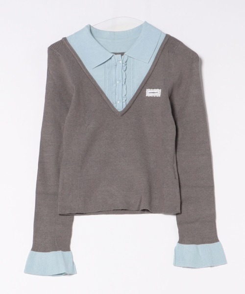 セール】フェイクツーピース レイヤード風 ポロニットトップス