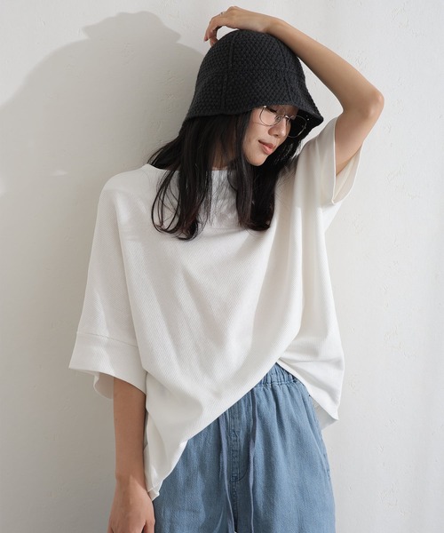 ElegChic(エレグシック)の「コットンワッフル7分袖ドルマンTシャツ(Tシャツ/カットソー・レディース・ホワイト/ネイビー/パープル/ブラック/杢グレー/チャコールグレー・M/XL/4L)」の1枚目の写真