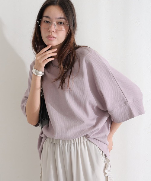 ElegChic(エレグシック)の「コットンワッフル7分袖ドルマンTシャツ(Tシャツ/カットソー・レディース・ホワイト/ネイビー/パープル/ブラック/杢グレー/チャコールグレー・M/XL/4L)」の7枚目の写真