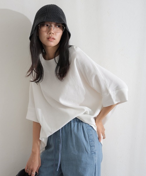 ElegChic(エレグシック)の「コットンワッフル7分袖ドルマンTシャツ(Tシャツ/カットソー・レディース・ホワイト/ネイビー/パープル/ブラック/杢グレー/チャコールグレー・M/XL/4L)」の14枚目の写真