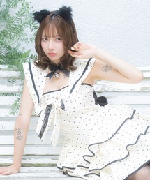 Tika(ティカ)のコスプレ かわいい ネコ アニマル 体型カバー ドット フリル フレアスカート バックリボン 2Way マリン ワンピース 4点セット ハロウィン (コスチューム/パーティーグッズ)