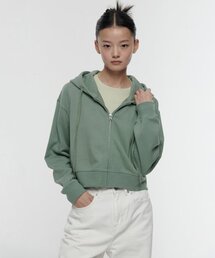 女性用クロップドフード付きスウェットジップアップ[ダスティグリーン]