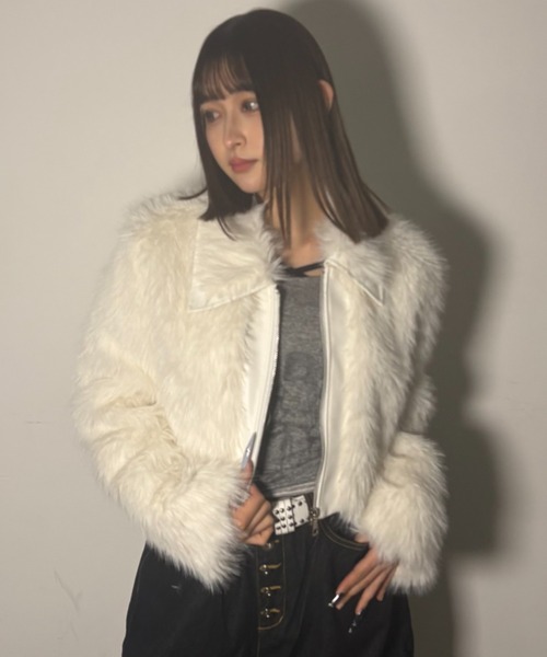 .KOM(ドットコム)の「A'GEM/9 × .kom 『.kom/ドットケーオーエム』エコファージップアップブルゾン(ライダースジャケット・レディース・ホワイト/ブラウン/ブラック・FREE)」の8枚目の写真