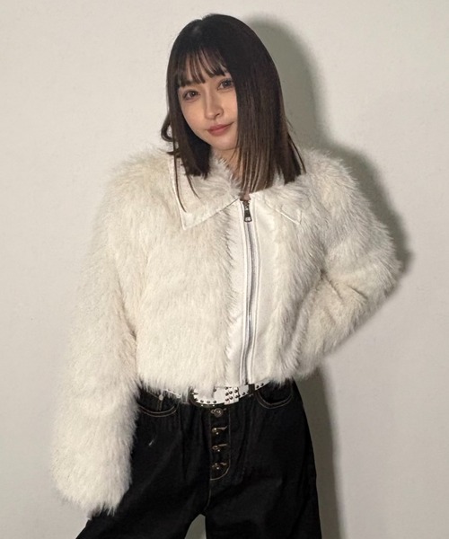 .KOM(ドットコム)の「A'GEM/9 × .kom 『.kom/ドットケーオーエム』エコファージップアップブルゾン(ライダースジャケット・レディース・ホワイト/ブラウン/ブラック・FREE)」の4枚目の写真