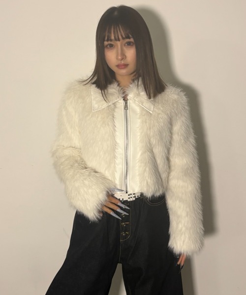 .KOM(ドットコム)の「A'GEM/9 × .kom 『.kom/ドットケーオーエム』エコファージップアップブルゾン(ライダースジャケット・レディース・ホワイト/ブラウン/ブラック・FREE)」の6枚目の写真