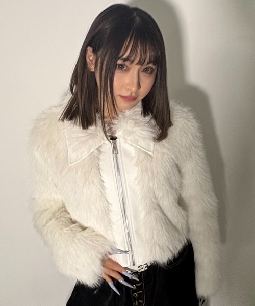 .KOM(ドットコム)の「A'GEM/9 × .kom 『.kom/ドットケーオーエム』エコファージップアップブルゾン(ライダースジャケット・レディース・ホワイト/ブラウン/ブラック・FREE)」の5枚目の写真
