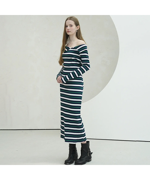 Vivacious(ビバシャス)の「Lovely Stripe Long Dress - 4COL(ワンピース・レディース・グリーン/ワイン/ブラウン/スカイブルー・FREE)」の3枚目の写真
