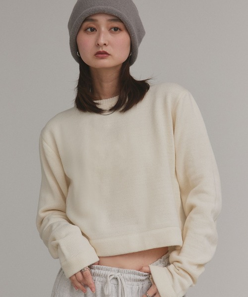 ad thie（アドティエ）の「ショート丈 ミックスニット プルオーバー（ニット/セーター・レディース・ライトグリーン/ブラック/アイボリー/グレー・FREE）」の3枚目の写真