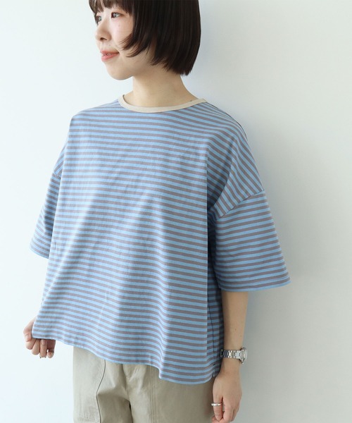 PAR ICI（パーリッシィ）の「ボーダー配色バインダー 5分袖BIG Tシャツ【SEASON COLOR】（Tシャツ/カットソー・レディース・ダークブラウン/ピンク系その他2/ブラック/マスタード/イエロー/グリーン系その他/カーキ/イエロー系その他/ブルー系その他・FREE）」の5枚目の写真