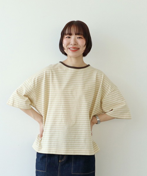 PAR ICI（パーリッシィ）の「ボーダー配色バインダー 5分袖BIG Tシャツ【SEASON COLOR】（Tシャツ/カットソー・レディース・ダークブラウン/ピンク系その他2/ブラック/マスタード/イエロー/グリーン系その他/カーキ/イエロー系その他/ブルー系その他・FREE）」の8枚目の写真