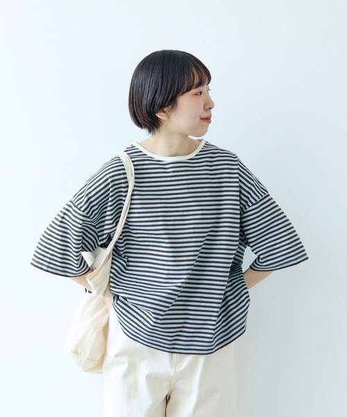 PAR ICI（パーリッシィ）の「ボーダー配色バインダー 5分袖BIG Tシャツ【SEASON COLOR】（Tシャツ/カットソー・レディース・ダークブラウン/ピンク系その他2/ブラック/マスタード/イエロー/グリーン系その他/カーキ/イエロー系その他/ブルー系その他・FREE）」の3枚目の写真