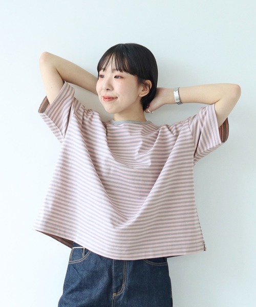 PAR ICI（パーリッシィ）の「ボーダー配色バインダー 5分袖BIG Tシャツ【SEASON COLOR】（Tシャツ/カットソー・レディース・ダークブラウン/ピンク系その他2/ブラック/マスタード/イエロー/グリーン系その他/カーキ/イエロー系その他/ブルー系その他・FREE）」の9枚目の写真