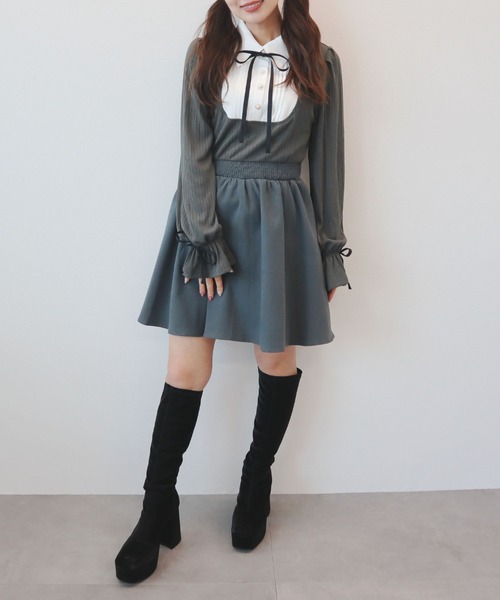 CECIL McBEE（セシルマクビー）の「フェイクシャツリボンワンピース（ワンピース・レディース・ベージュ/ボルドー/ブラック/グレー・MEDIUM）」の3枚目の写真