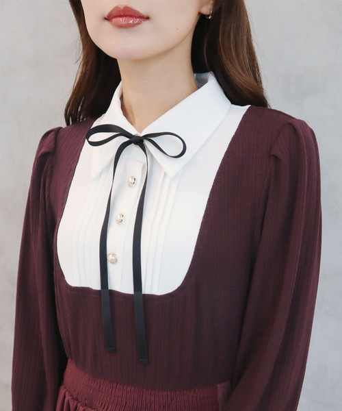 CECIL McBEE（セシルマクビー）の「フェイクシャツリボンワンピース（ワンピース・レディース・ベージュ/ボルドー/ブラック/グレー・MEDIUM）」の9枚目の写真