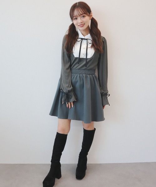 CECIL McBEE（セシルマクビー）の「フェイクシャツリボンワンピース（ワンピース・レディース・ベージュ/ボルドー/ブラック/グレー・MEDIUM）」の21枚目の写真