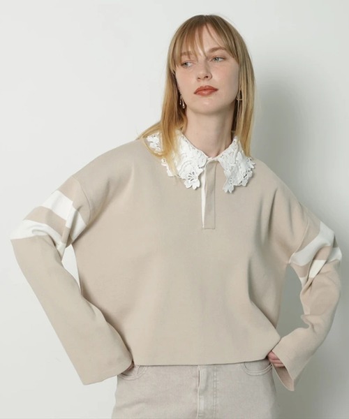 CADUNE（カデュネ）の「衿レースラガーニット（ニット/セーター・レディース・ライトグレー/ネイビー/ベージュ・38）」の2枚目の写真