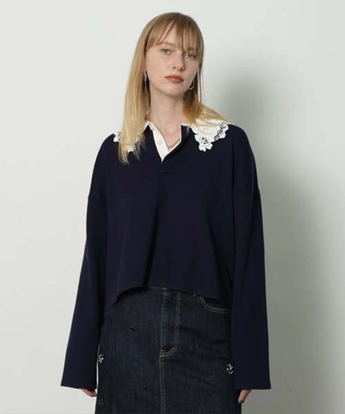 CADUNE（カデュネ）の「衿レースラガーニット（ニット/セーター・レディース・ライトグレー/ネイビー/ベージュ・38）」の3枚目の写真