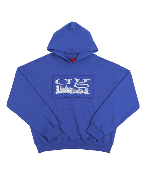 CITY LOGO CUT OFF HOODIE — синяя укороченная худи с логотипом