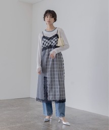 小花刺繍チェックパッチワークキャミワンピース