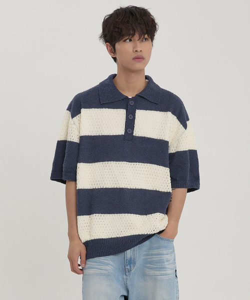 WaiKei(ワイケイ)の「スカシストライプカラー半袖ニットネイビー(ニット/セーター・メンズ・その他・1/2)」の6枚目の写真
