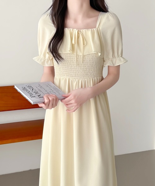 ABITOKYO(アビトーキョー)の「フリルシャーリングミモレ丈フレアワンピース(ワンピース・レディース・ブラック/ピンク/アイボリー・FREE)」の7枚目の写真