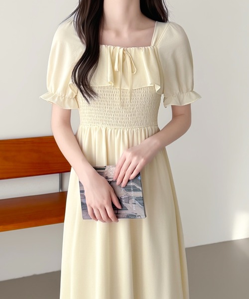 ABITOKYO(アビトーキョー)の「フリルシャーリングミモレ丈フレアワンピース(ワンピース・レディース・ブラック/ピンク/アイボリー・FREE)」の5枚目の写真