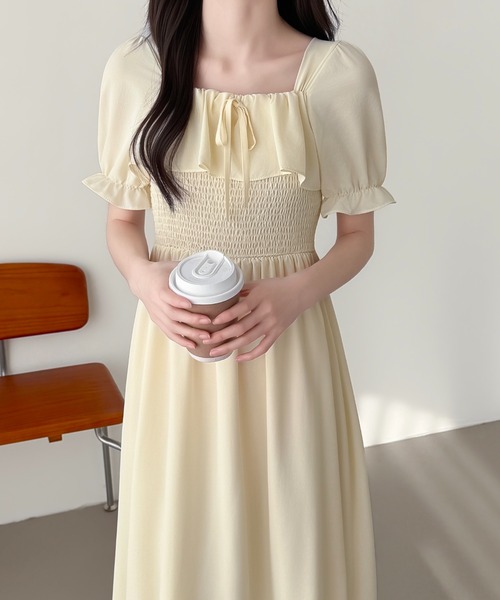 ABITOKYO(アビトーキョー)の「フリルシャーリングミモレ丈フレアワンピース(ワンピース・レディース・ブラック/ピンク/アイボリー・FREE)」の4枚目の写真