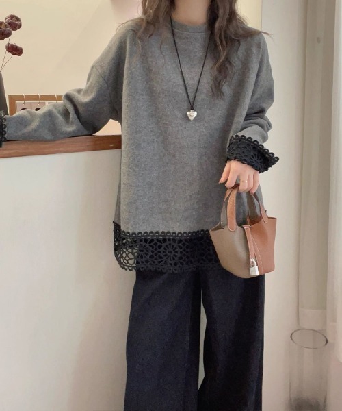 SallyLunn(サリーラン)の「レース切替 オーバーサイズプルオーバー(その他トップス・レディース・グレー・LARGE/MEDIUM)」の2枚目の写真