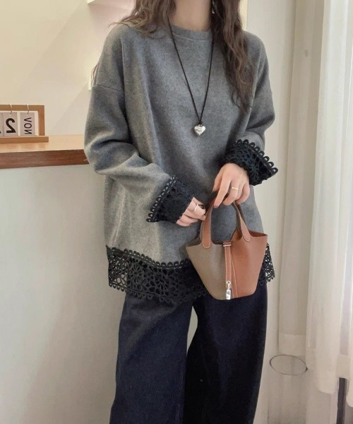 SallyLunn(サリーラン)の「レース切替 オーバーサイズプルオーバー(その他トップス・レディース・グレー・LARGE/MEDIUM)」の3枚目の写真