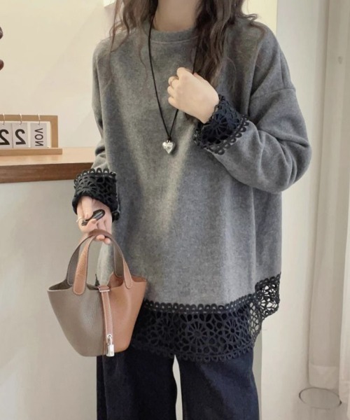 SallyLunn(サリーラン)の「レース切替 オーバーサイズプルオーバー(その他トップス・レディース・グレー・LARGE/MEDIUM)」の4枚目の写真