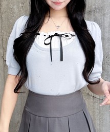 ビジュー飛ばしレイヤード風ニット