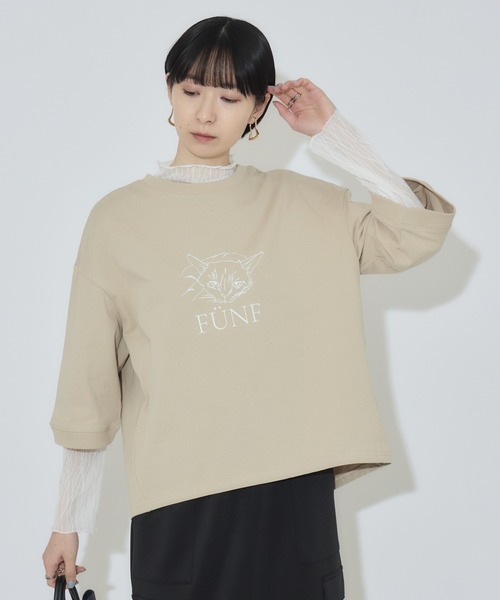 Paradise Picnic(パラダイスピクニック)の「cloche 猫プリント5分袖トップス(Tシャツ/カットソー・レディース・ホワイト/ベージュ/チャコールグレー・FREE)」の1枚目の写真