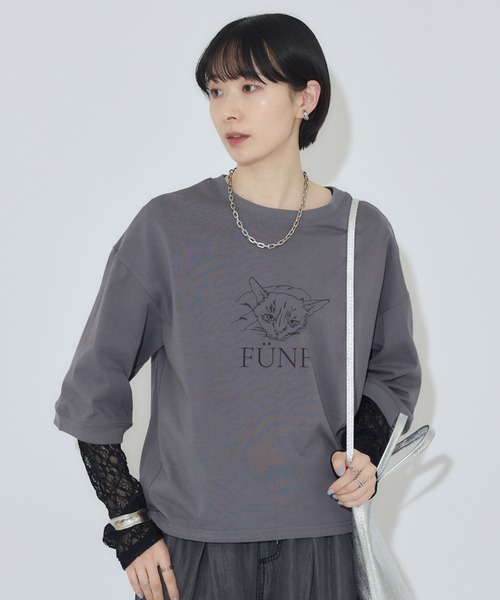 Paradise Picnic(パラダイスピクニック)の「cloche 猫プリント5分袖トップス(Tシャツ/カットソー・レディース・ホワイト/ベージュ/チャコールグレー・FREE)」の13枚目の写真