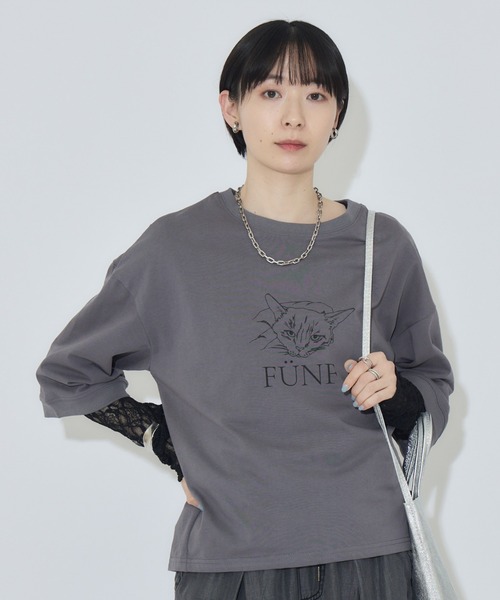 Paradise Picnic(パラダイスピクニック)の「cloche 猫プリント5分袖トップス(Tシャツ/カットソー・レディース・ホワイト/ベージュ/チャコールグレー・FREE)」の12枚目の写真