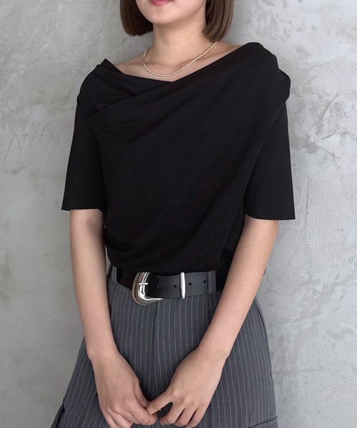 PAGEBOY（ページボーイ）の「ラメドレープカットトップス【ワンショル＆オフショル着用可能】（Tシャツ/カットソー・レディース・グレー/ブラック/ネイビー・FREE）」の2枚目の写真