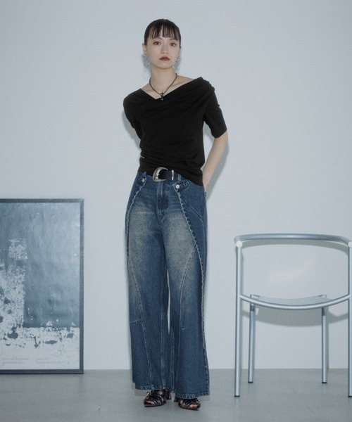 PAGEBOY（ページボーイ）の「ラメドレープカットトップス【ワンショル＆オフショル着用可能】（Tシャツ/カットソー・レディース・グレー/ブラック/ネイビー・FREE）」の4枚目の写真