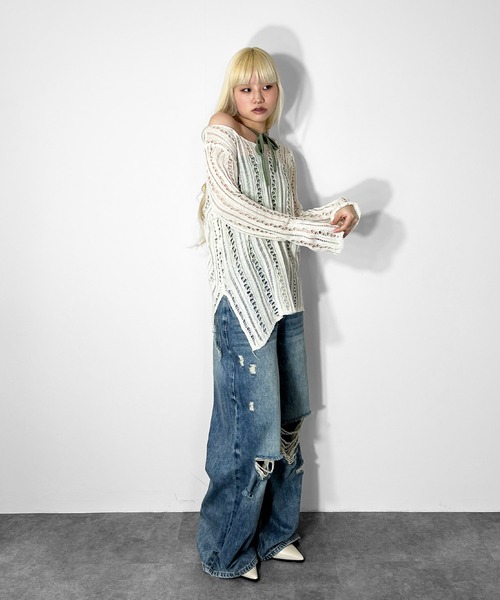 MATU:TA(マトゥータ)の「スリットメッシュサマーニット/ シアーニット シースルー 透け感 ラフ 海外ガール 体型カバー 華奢見え スリット 長袖 レイヤード ロング丈 ブラック アイボリー スタイルアップ(ニット/セーター・レディース・アイボリー/ブラック・FREE)」の17枚目の写真