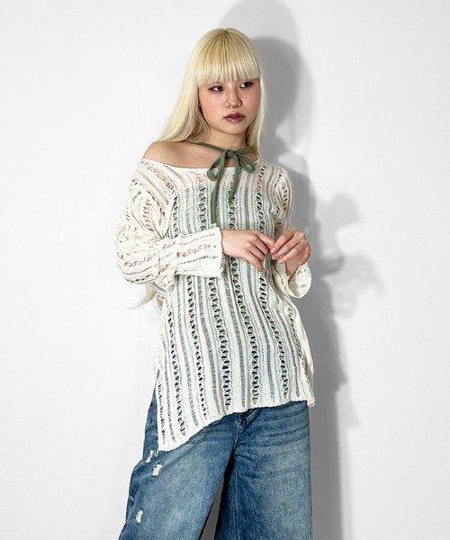 MATU:TA(マトゥータ)の「スリットメッシュサマーニット/ シアーニット シースルー 透け感 ラフ 海外ガール 体型カバー 華奢見え スリット 長袖 レイヤード ロング丈 ブラック アイボリー スタイルアップ(ニット/セーター・レディース・アイボリー/ブラック・FREE)」の20枚目の写真