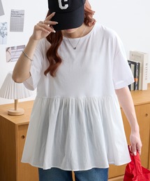 MONO-MART | <接触冷感>着映えペプラム|異素材ドッキング オーバーサイズ半袖Tシャツ(Tシャツ/カットソー)