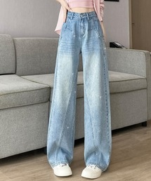 ラインストーン デニム ワイドストレートパンツ