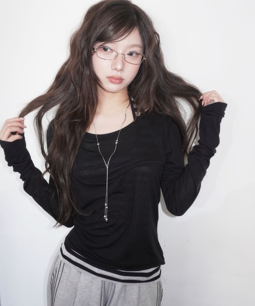 modimood（モディムード）の「[MADE] MOMU テンセルシースルー長袖Tシャツ（Tシャツ/カットソー・レディース・ミント/ブラック/ライトグレー・FREE）」の2枚目の写真