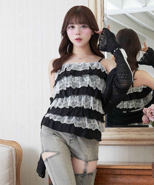 OLIVE des OLIVE(オリーブデオリーブ)の「【Belle Charme】Lace Tiered Camisole(キャミソール・レディース・トップグレー/ブラック・FREE)」の1枚目の写真