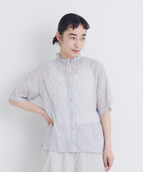 conges payes ADIEU TRISTESSE(コンジェ ペイエ アデュートリステス)の「【FAVE】シャーリングダブルフリルカラーブラウス(シャツ/ブラウス・レディース・ストライプ/パープル系その他/ブラウン系その他・38)」の15枚目の写真