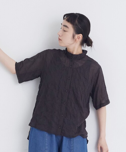 conges payes ADIEU TRISTESSE(コンジェ ペイエ アデュートリステス)の「【FAVE】シャーリングダブルフリルカラーブラウス(シャツ/ブラウス・レディース・ストライプ/パープル系その他/ブラウン系その他・38)」の22枚目の写真