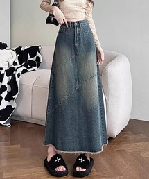 斜め切替フリンジヘム デニムロングフレアスカート