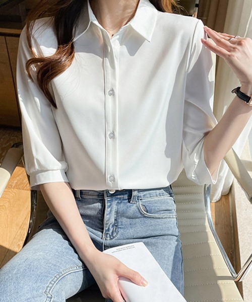 ONEP STAR(ワンピスター)の「サテン七分袖ブラウス(シャツ/ブラウス・レディース・ホワイト/ベージュ/イエロー/ブルー・MEDIUM/LARGE/X-LARGE)」の6枚目の写真