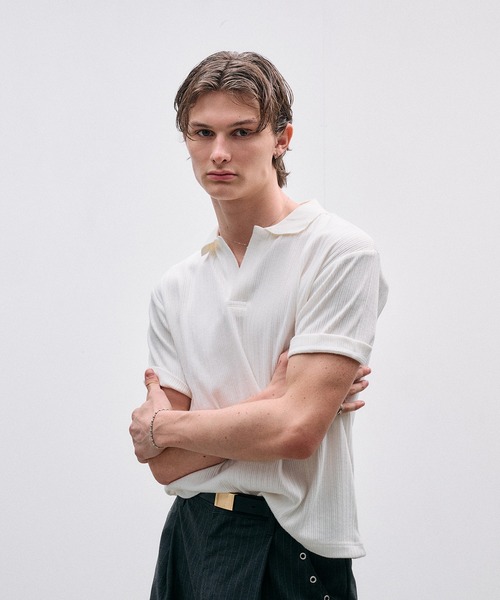 Adoon plain（アドーンプレーン）の「Rib Skipper Polo Shirt / リブスキッパーポロシャツ（ポロシャツ・メンズ・オフホワイト/ブラック/ブラウン・LARGE/MEDIUM）」の16枚目の写真