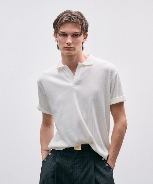 Adoon plain（アドーンプレーン）の「Rib Skipper Polo Shirt / リブスキッパーポロシャツ（ポロシャツ・メンズ・オフホワイト/ブラック/ブラウン・LARGE/MEDIUM）」の18枚目の写真