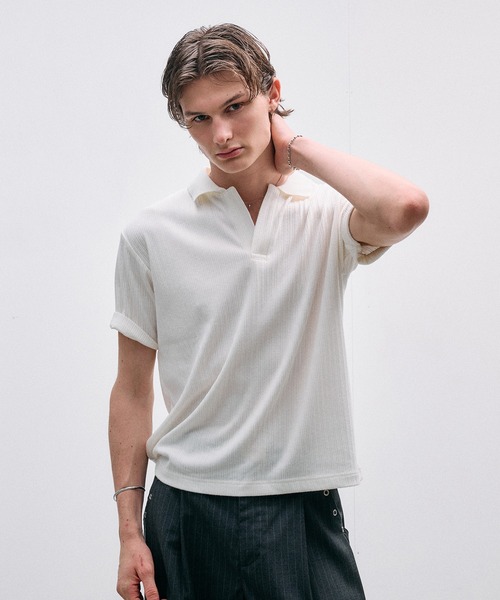 Adoon plain（アドーンプレーン）の「Rib Skipper Polo Shirt / リブスキッパーポロシャツ（ポロシャツ・メンズ・オフホワイト/ブラック/ブラウン・LARGE/MEDIUM）」の19枚目の写真